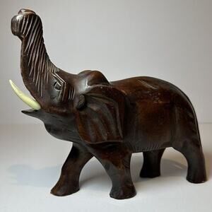 Hand Carved Wood Elephant Figurine with Trunk Up for Luck 5.75" Tall Collectable